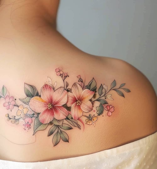 Colorful floral tattoo on womans shoulder blade